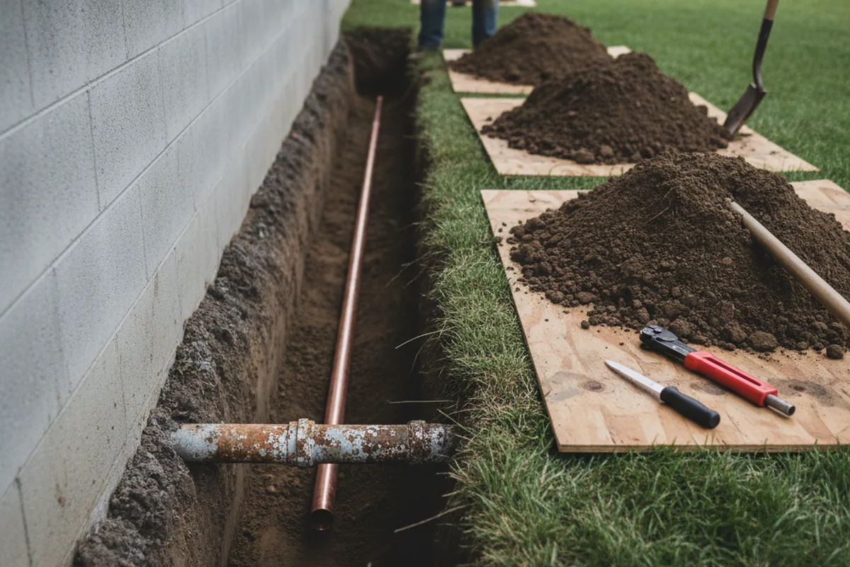 Excavated water line trench during Water Softener Installation in Canton